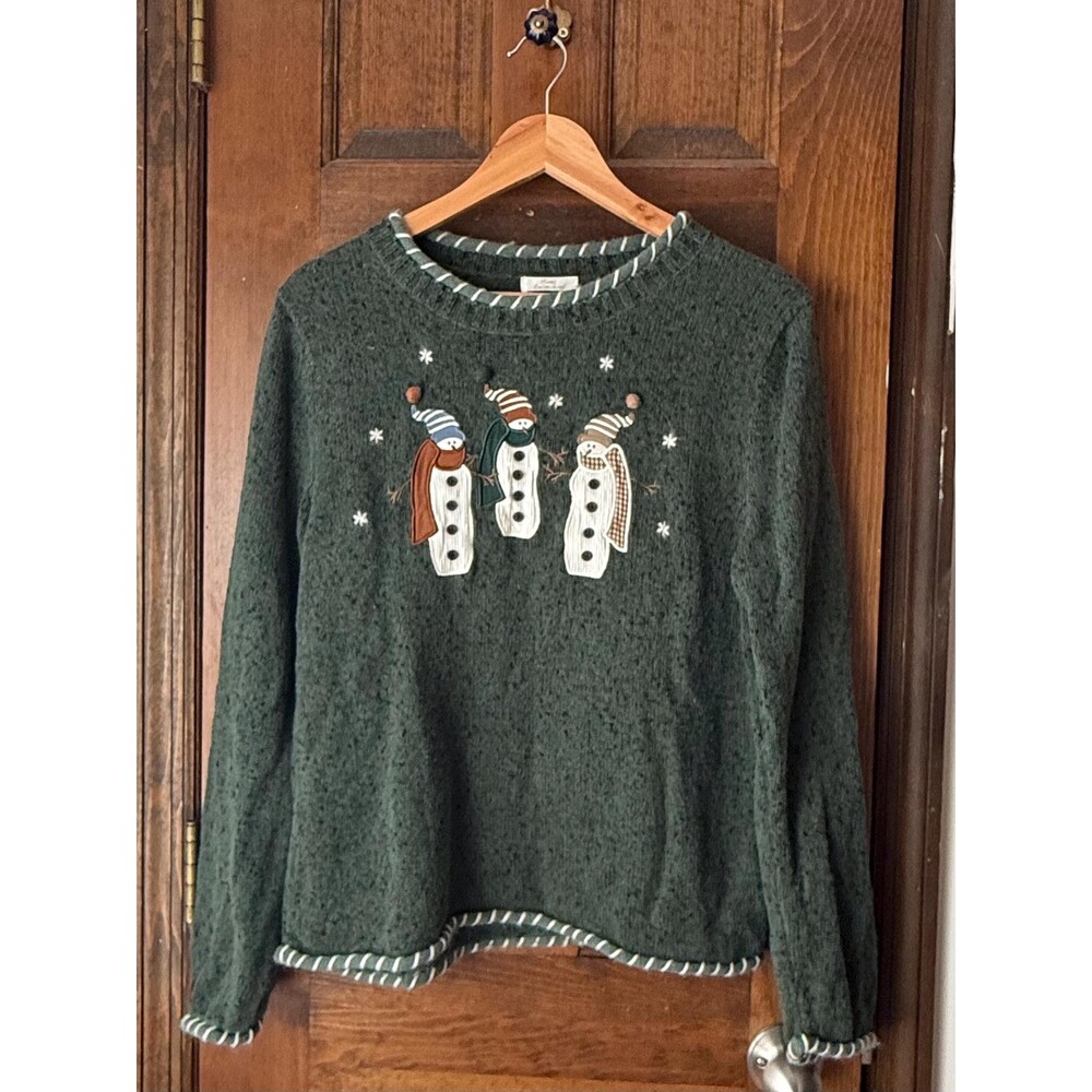Vintage 2005 Christopher & Banks Snowman Sweater Green Christmas Winter Large